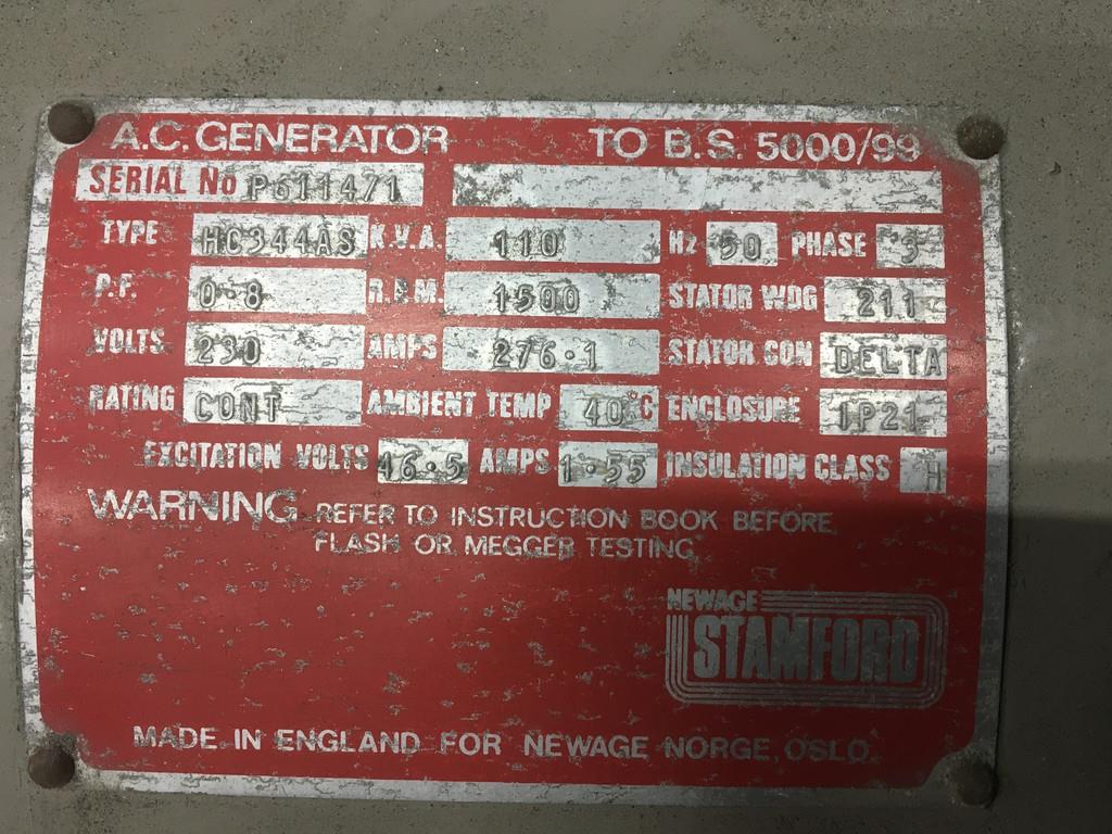 Cummins 6BT5.9 CPL0698 GENERATOR 110KVA USED