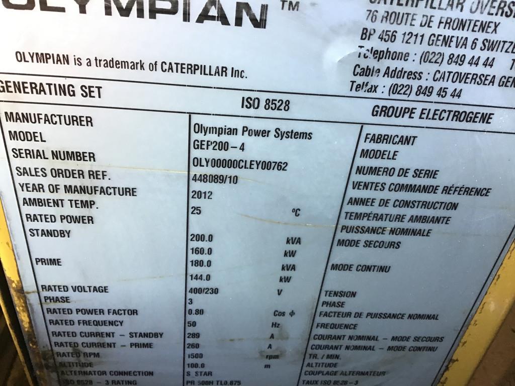 Olympian ERKINS 1500 PK51589 GENERATOR 200 KVA USED