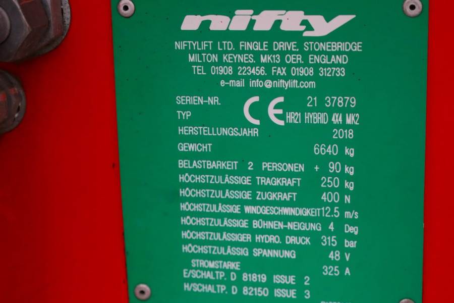 Niftylift HR21 HYBRIDE 4x4 MK2 Valid Inspection, Hybrid, 4x4