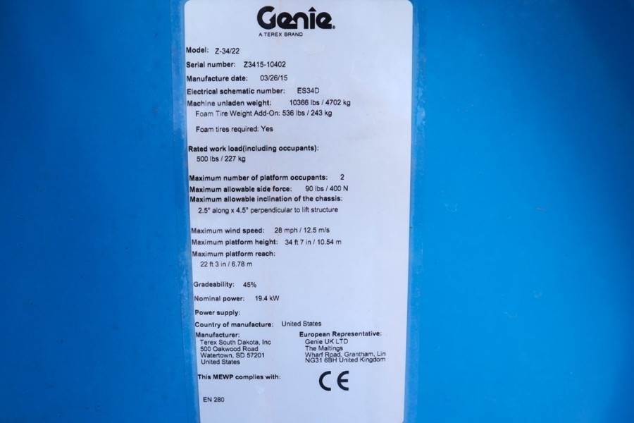 Genie Z34/22 Diesel, 4x4 Drive, 12.6m Working Height, 6.