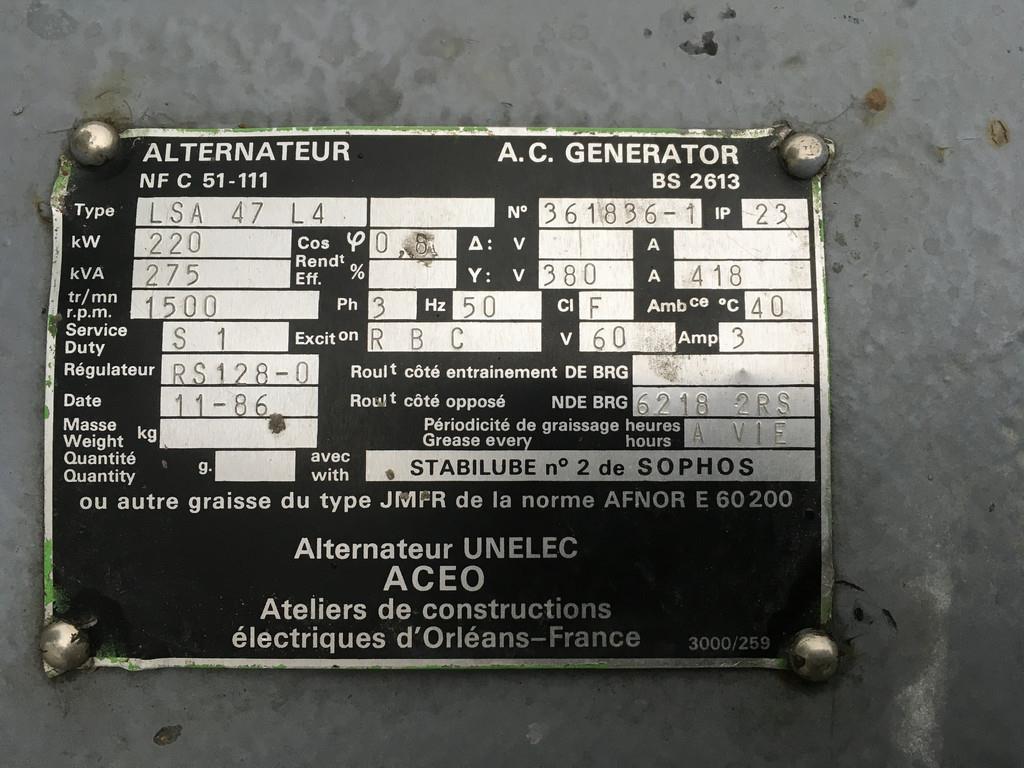 Cummins NTA-855-G GENERATOR 275 KVA USED