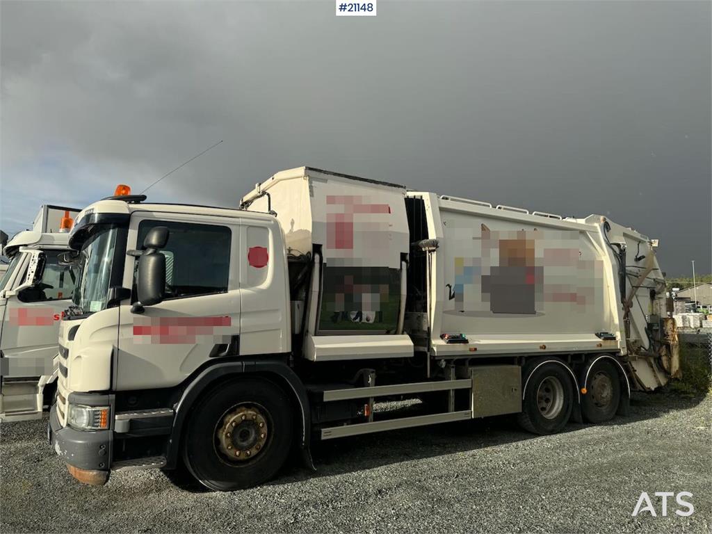 Scania P410 6x2 compactor truck w/ two chambers. Weight a