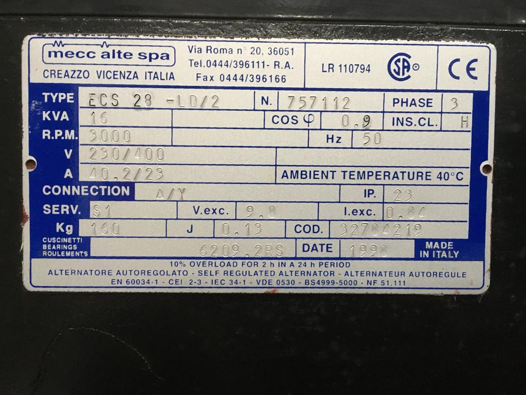 Lombardini LDW1204/B2 GENERATOR 16 KVA USED