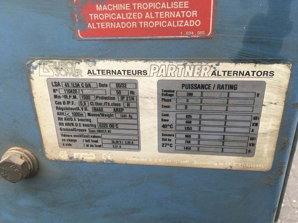 MTU LEROY-SOMER 49.1L9A C6/4 GENERATOR 825 KVA USED