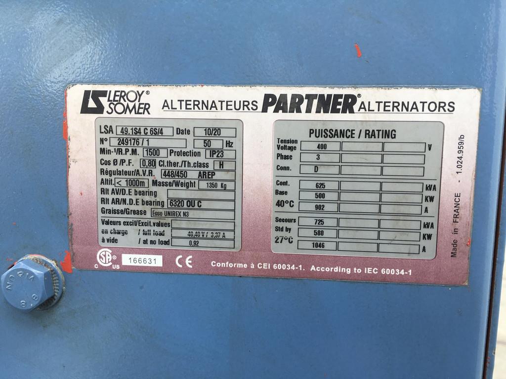 MTU 12V2000G25TB GENERATOR 625KVA USED