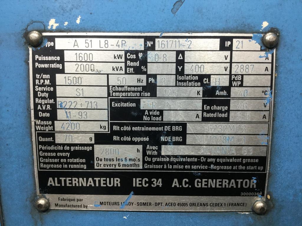 MTU LEROY-SOMER A51L8-4P GENERATOR 2000 KVA USED