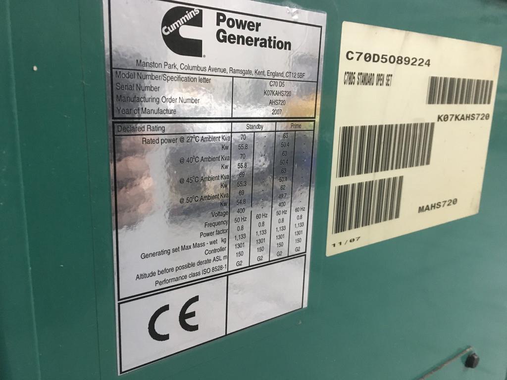 Cummins 4BT3.9-G4 GENERATOR 70 KVA USED